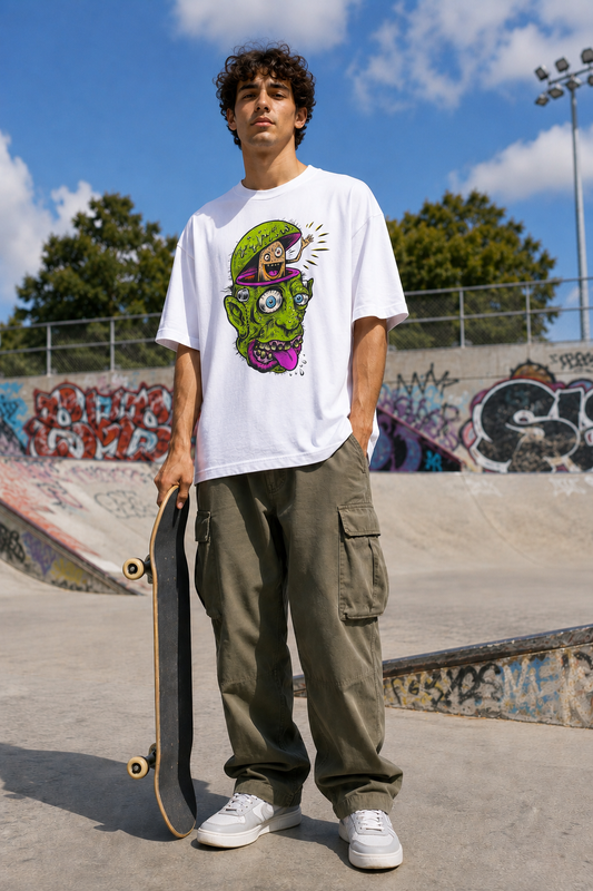 Young man styling an oversized white tee with cargo pants and white sneakers at a skate park